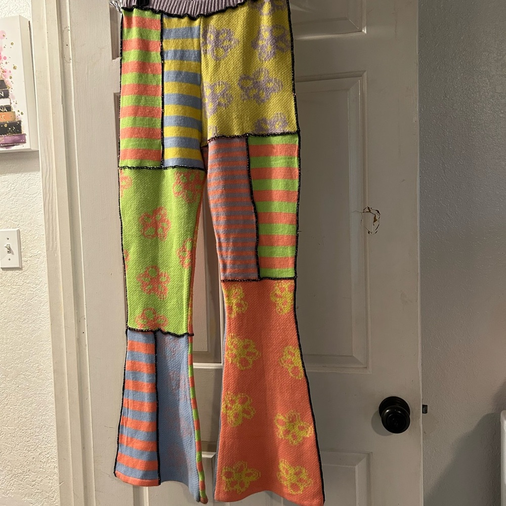 Free People Patchwork Knit Pants in Neon Green, Orange, Yellow, Blue